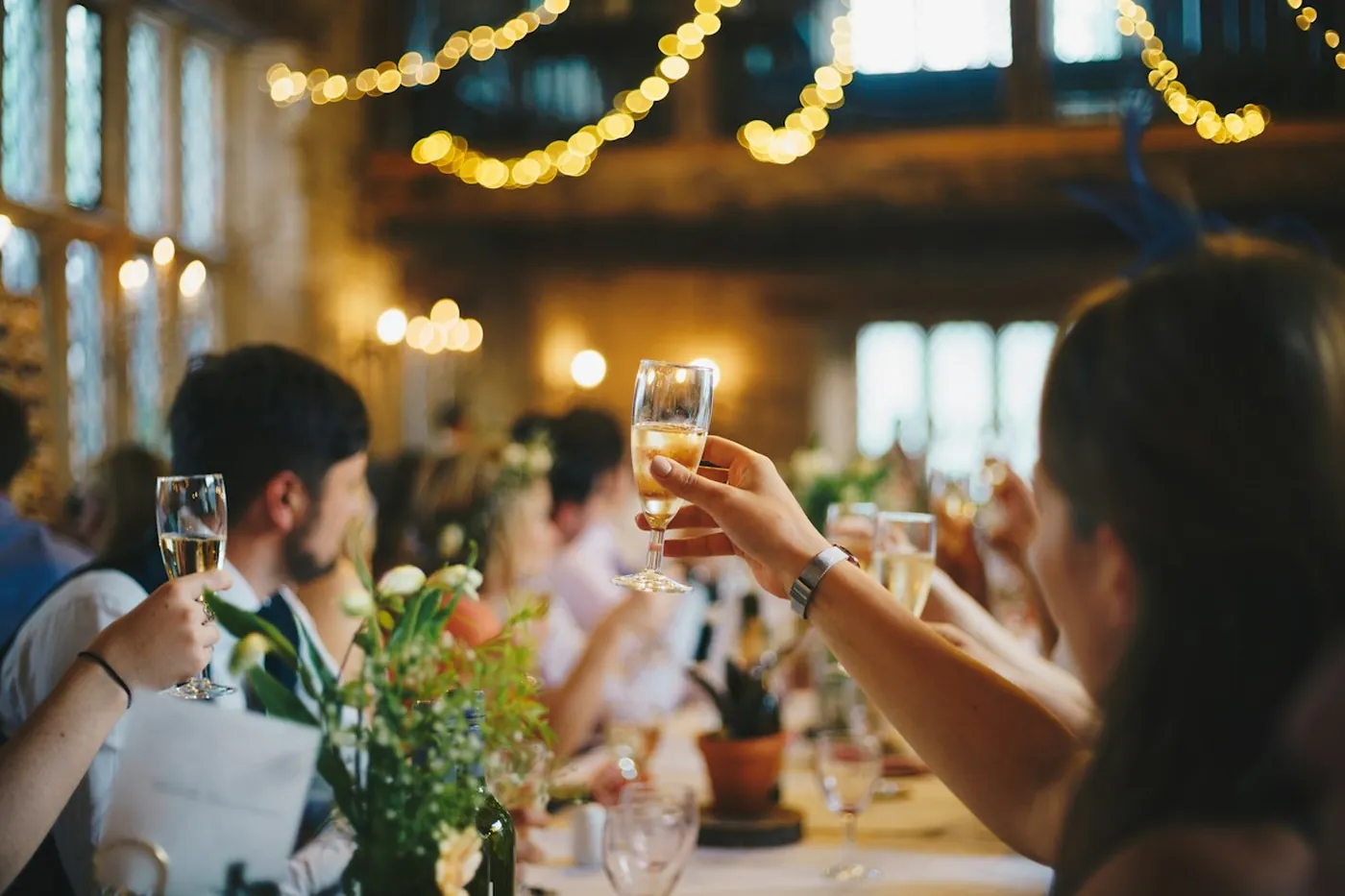 Guests raising a toast at a long dinner table under string lights (illustrative)
